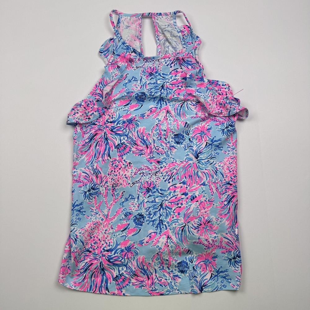 Lilly Pulitzer Dress Womens Small Blue Pink Floral Cold Shoulder Ruffle Shift